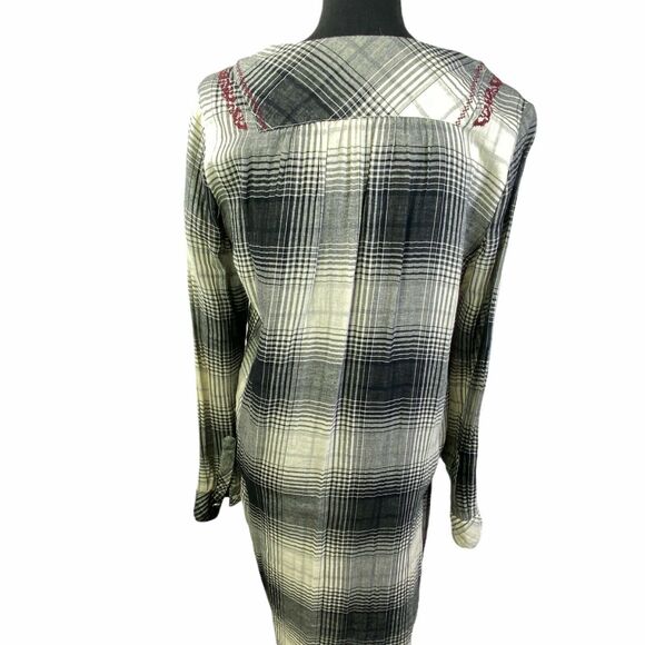 Anthropologie Floreat Black Cream Plaid  Burgundy Embroidered V Neck Tunic Small - Picture 3 of 11